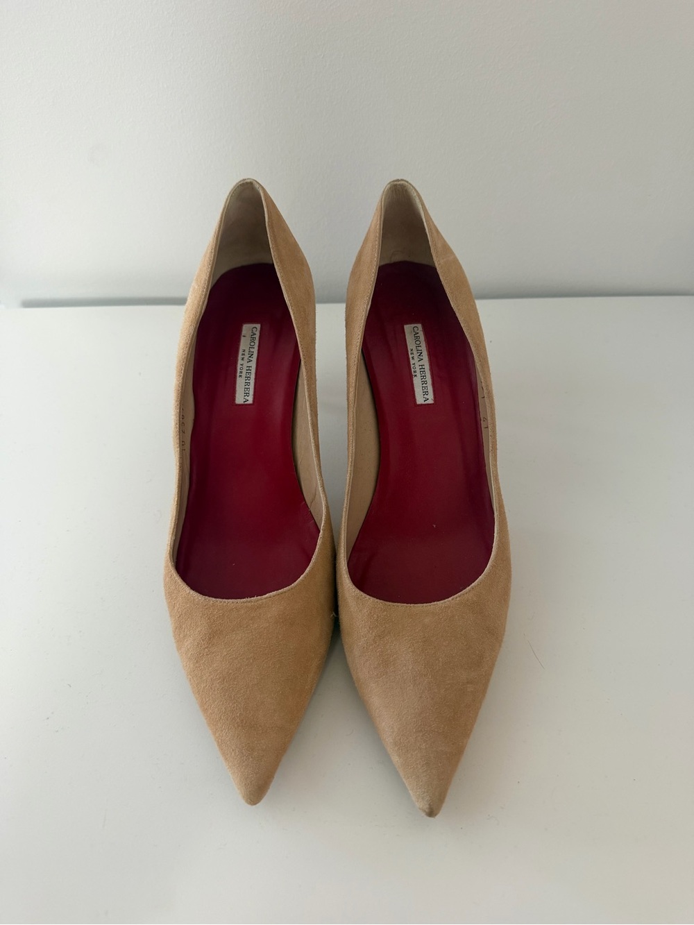 Carolina Herrera Tan Suede Pointed-Toe Pumps with Red Insole